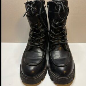 Black Combat - Style Leather Boots - Buckle w/Lace Up